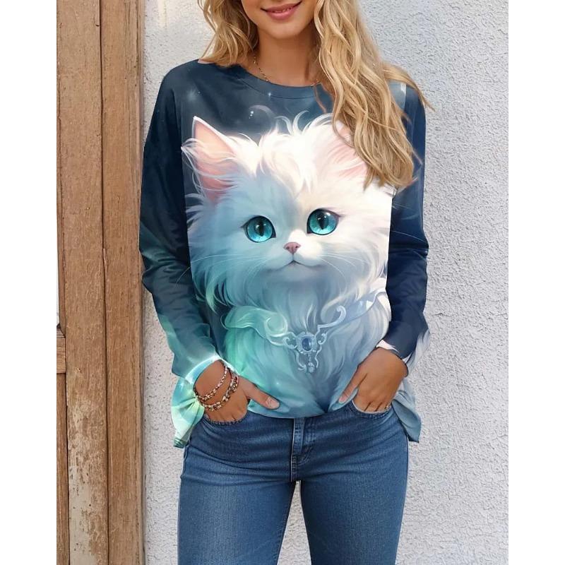 Fashion Women'S Long Sleeves T-Shirt Funny Cat 3D Print Top Woman T Shirt Casual Clothing Summer Female Tshirt