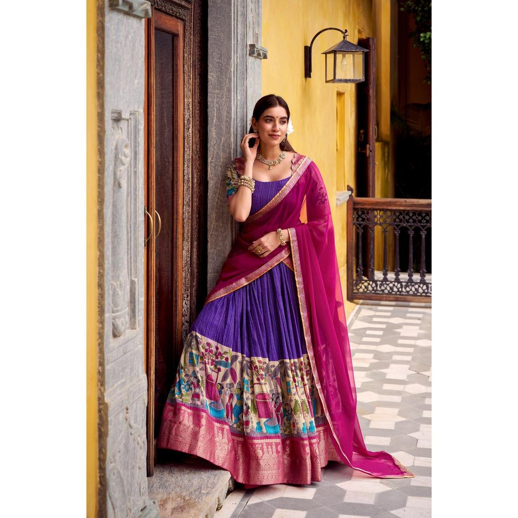 Step into timeless elegance with this Poly Chanderi lehenga, designed with delicate Zari stripes and enhanced