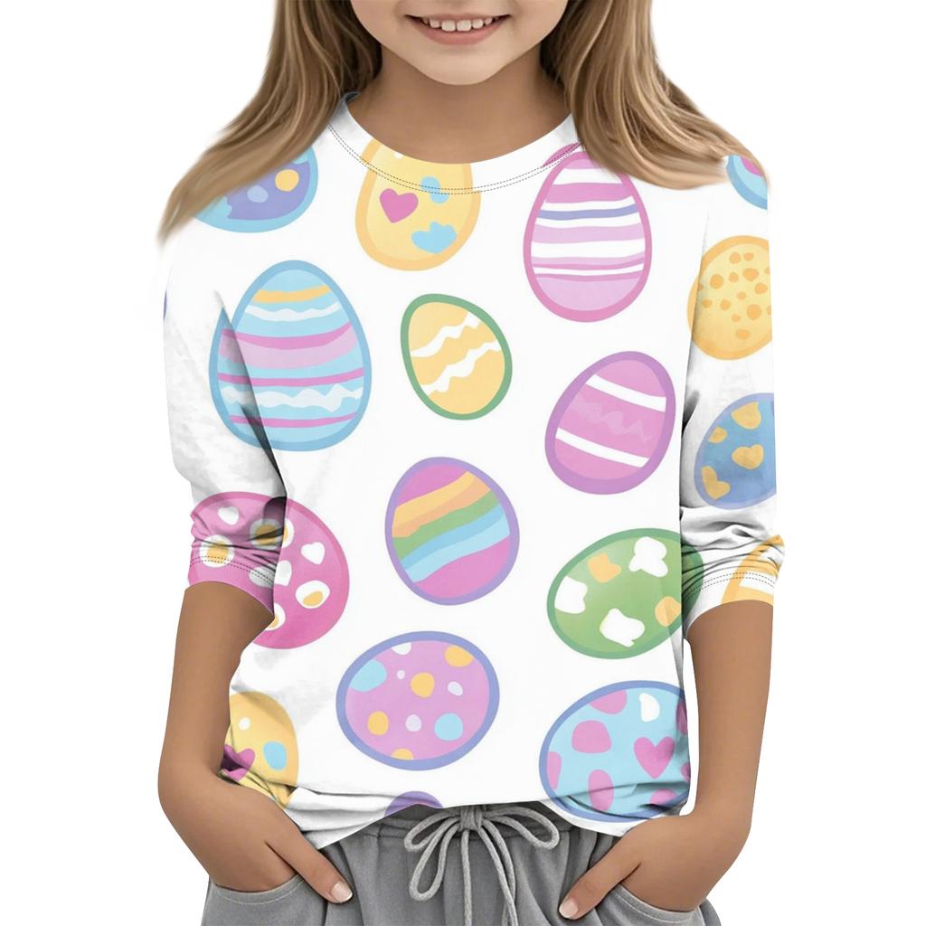 Children's Easter Printed Round Neck Seven Quarter Sleeve Casual T-shirt