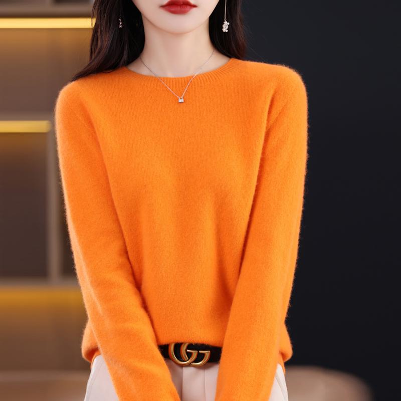 Чисто шерстяной свитер женский повседневный вязаный пуловер осенне-зимний мягкий и теплый шерстяной топ с длинными рукавами и круглым вырезом S оранжевый 2380₽