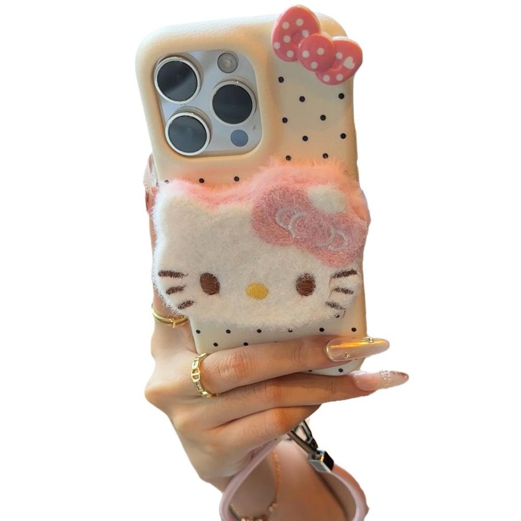 Autumn and Winter Plush Three Dimensional Kt Bracelet Suitable for IPhone16 Mobile Phone Case Apple 15 Protective Cover 14 Leather Pattern Soft