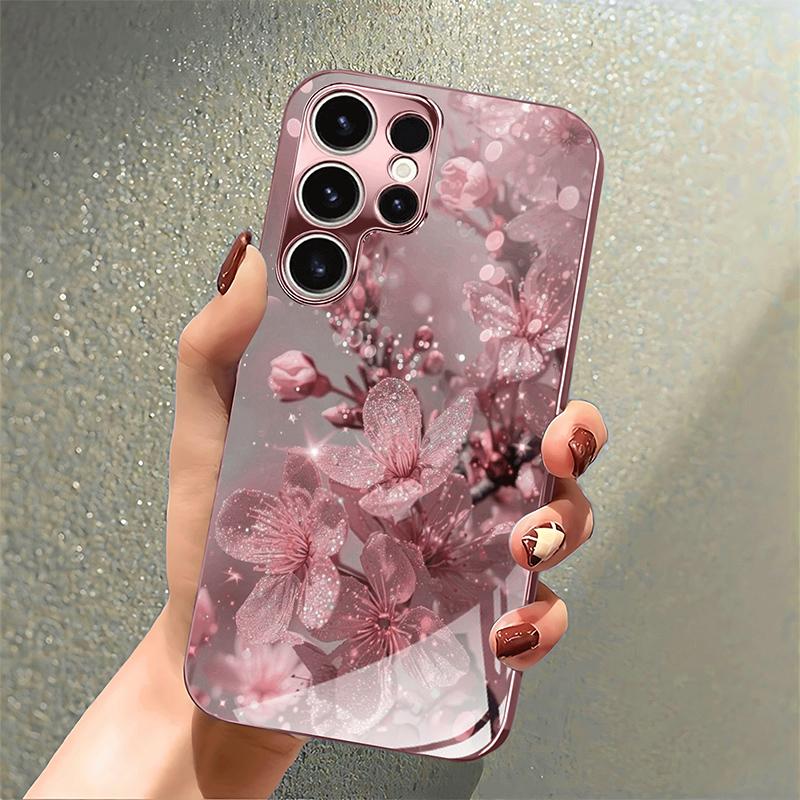 Pink Cherry Blossom Pattern Metallic Tempered Glass Phone Case For iPhone 17 Pro Max 11 12 13 14 15 16 Pro Plus 17 Air 17E Cover