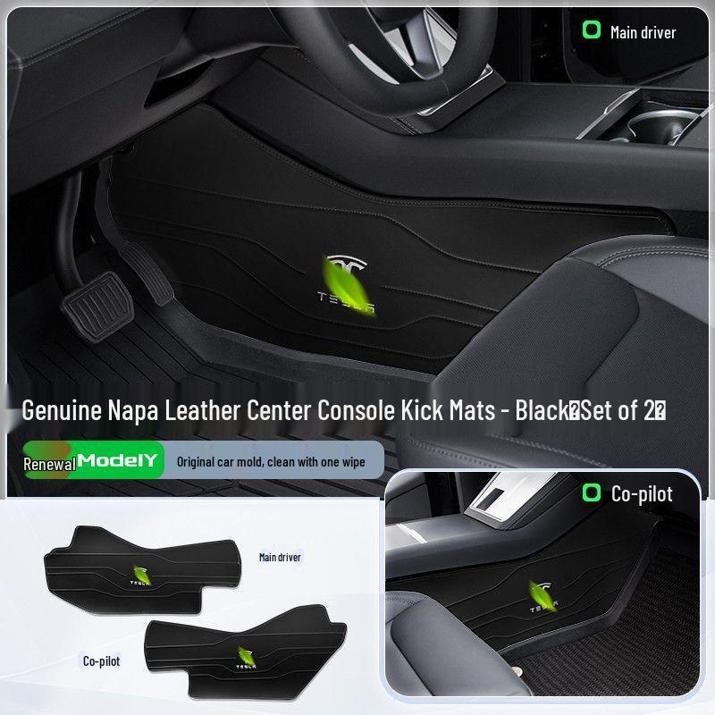 Model Y/L3 Facelift Leather Center Console Anti-Kick Mats - Black & White Front Protector, 2-Piece Set