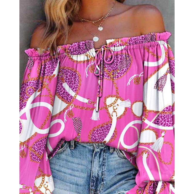 Women S One Shoulder Long Sleeve Printed Casual Shirt
