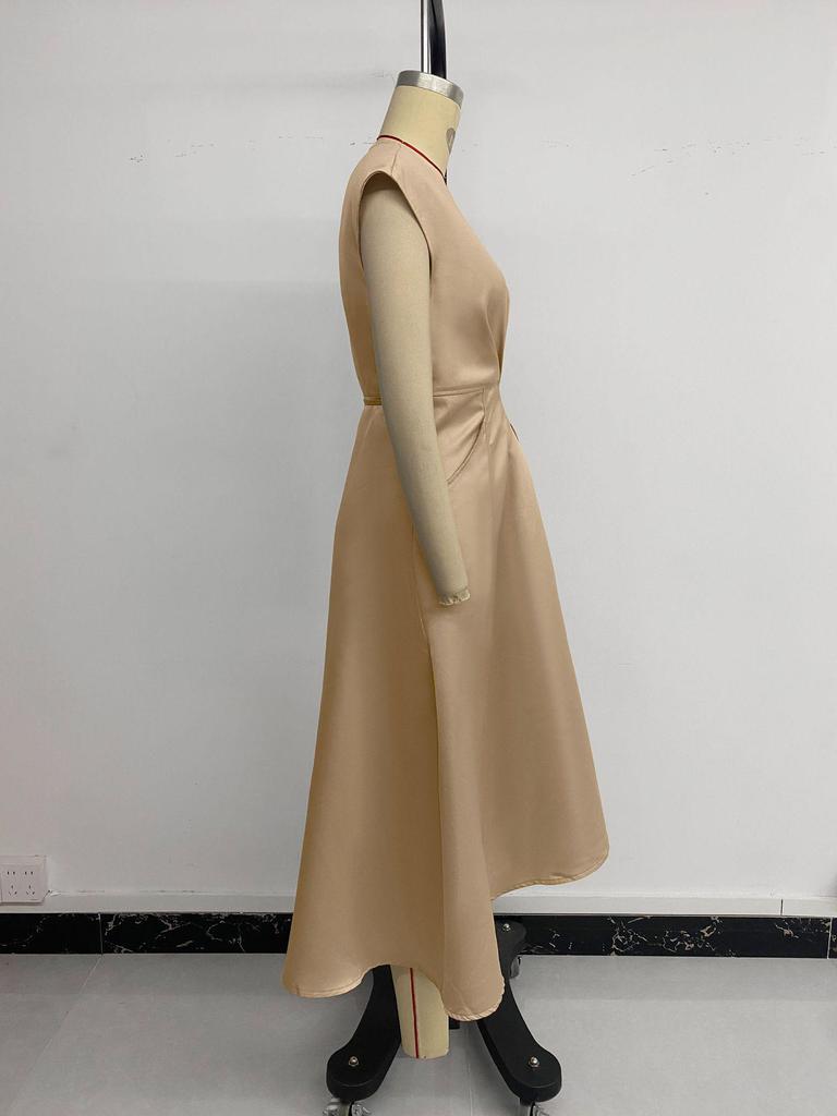 European & American 2026 New Style Elegant Sleeveless Wrap Dress - Light Luxury Solid Color with Irregular Hem