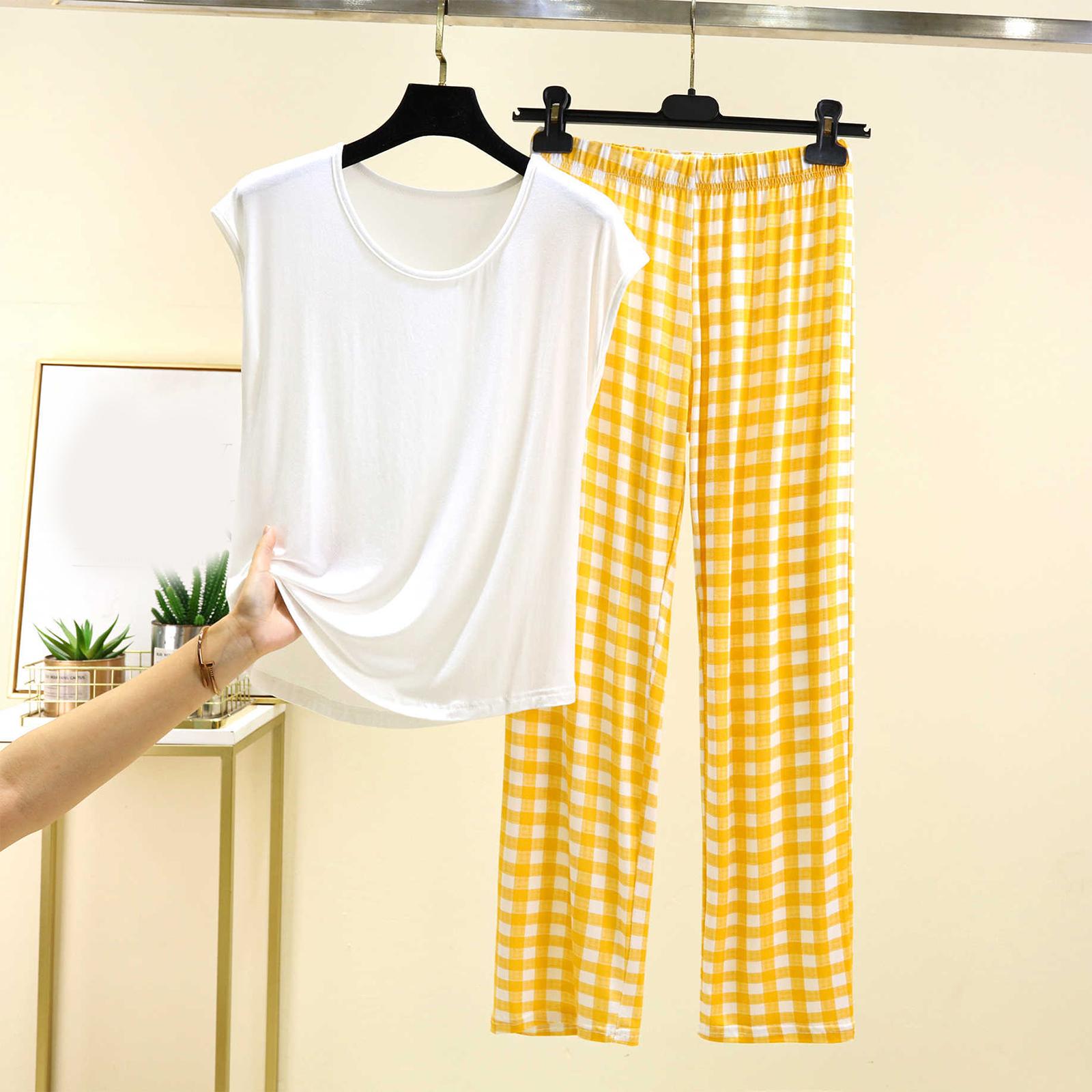 

Женский повседневный и удобный топ с круглым вырезом однотонной расцветки и брюки с клетчатым принтом большого размера XL жёлтый