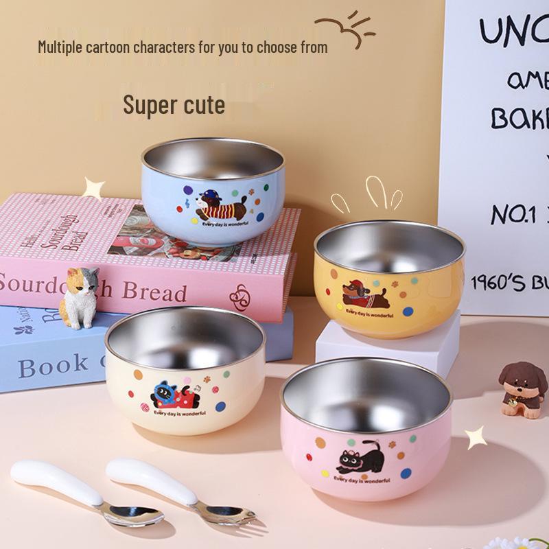 304 Stainless Steel Cartoon Baby Bowl: Double-Layer, Heat-Insulated, Anti-Scalding for Children