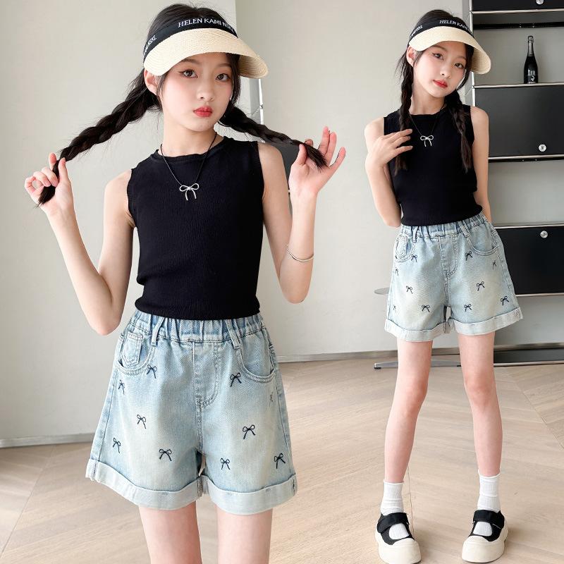 Children Casual Denim Shorts with Bow for Girls Elegant Above Knee Pants Mini Jeans Kids Teenager Brief Summer Shorts Size 5-14Y