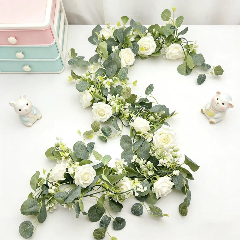 Garland Style Simulated Eucalyptus Rattan 6 White Roses Eucalyptus Garland Garden Decoration