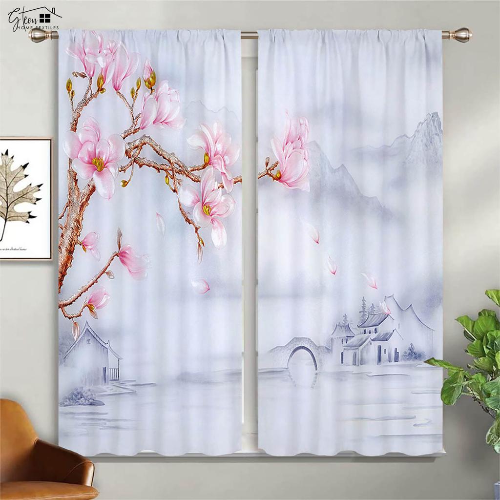 Kinesiskt landskapsmåleri 3D-tryckta gardiner Tuschmålning Kalligrafi Zen Elegant Klassisk Kanalfållsgardiner 2 stycken