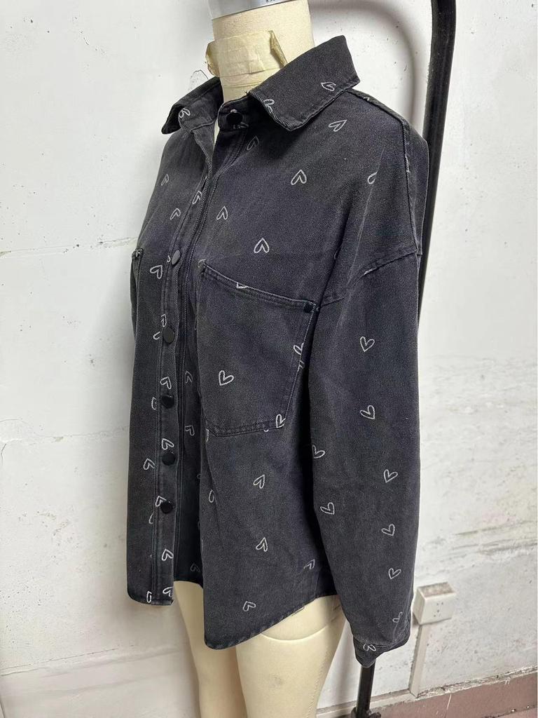 2025 European & American Style Plus Size Women's Retro Heart Print Denim Shirt Jacket