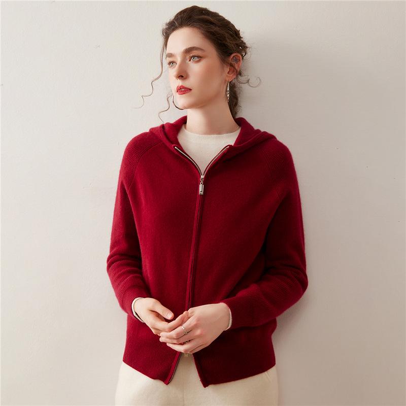 Women's Hooded Double Zipper Cashmere Sweater - Autumn/Winter Solid Color Knit Cardigan, Long Sleeve Casual Commute Style