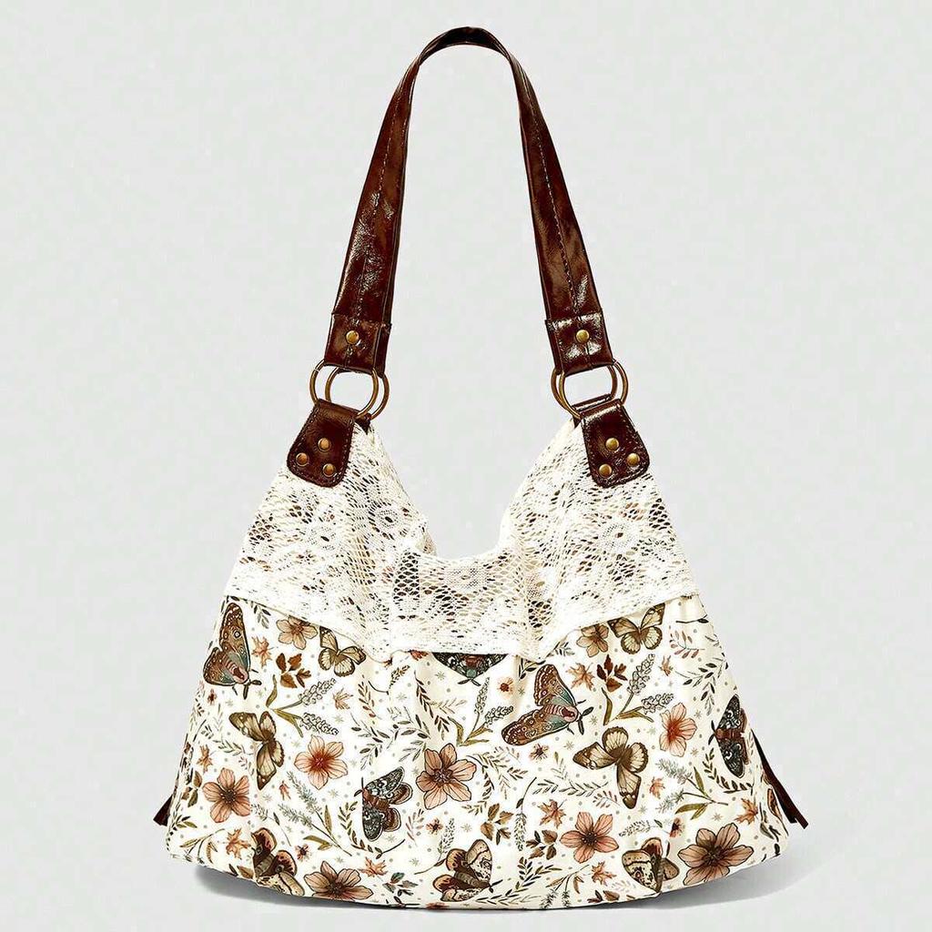 Patchwork Bag with Vintage Lace Trim for Casual Day-to-day Use, Featuring A Single Shoulder Strap. Casually