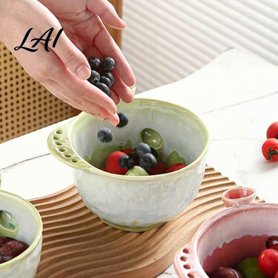 Ciotola per Lavare la Frutta in Ceramica con Motivo a Spirale di Bacche Colino Autogirante con Fori di Drenaggio Strumento di Preparazione per la Cucina per Fragole Uva Salutare