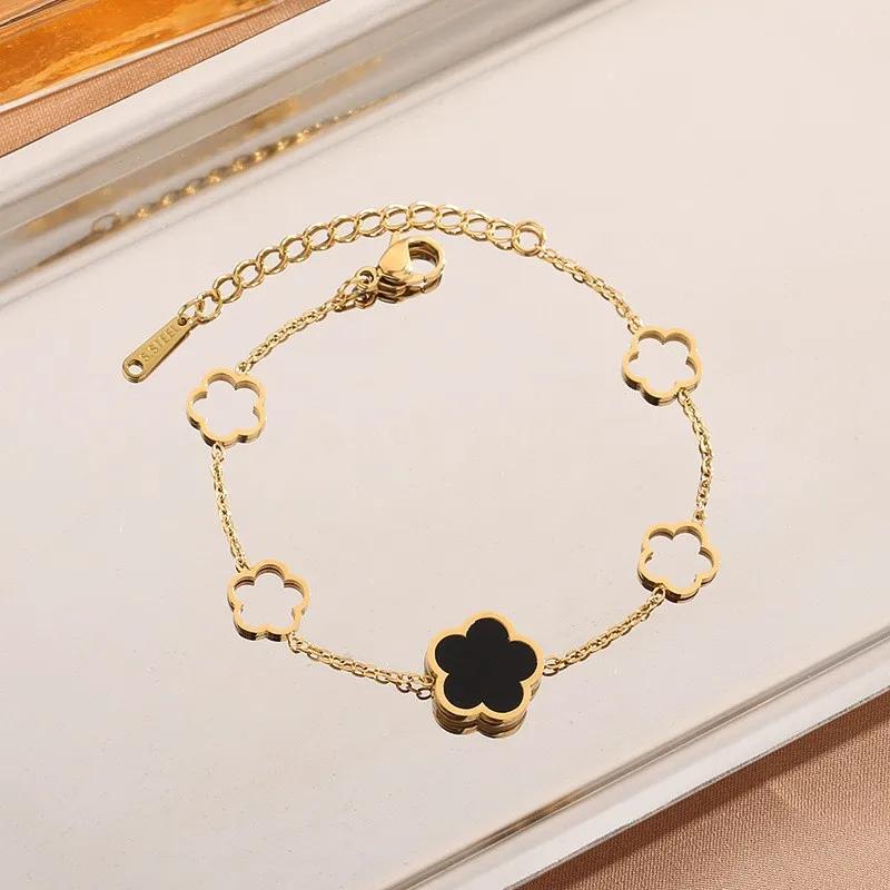 Luxury Brand Black and White Shell Five Leaves Flower Bracelet for Women Temperament Stainless Steel Bangle Jewelry Colorfast