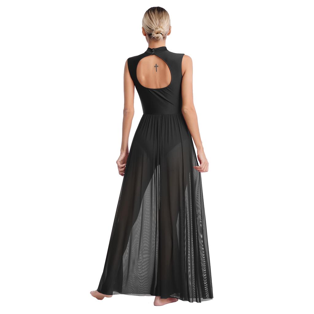 Womens Shiny Rhinestone Lyrical Dance Dress Mock Neck Sleeveless Open Back Twist Front Sheer Mesh Overlay Leotard