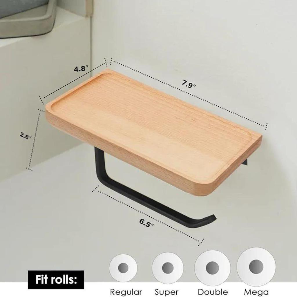 Heavy Duty and Premium Toilet Paper Holder with Shelf Black,Wooden Wall Mount Tissue Paper Roll Holder with Screw - Bathroom Accessories
