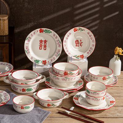 Retro Style Festive Tableware, Holiday Gifts For Chinese New Year, Household Flower Plates, Ceramic Bowls, Large-Capacity Soup Bowls, Binaural Bowls
