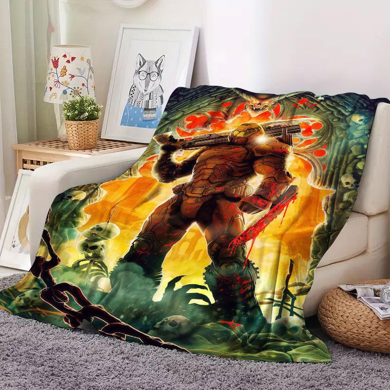 1Pc DOOM Print Flannel Blanket, High quality Comfortable for All Seasons, Home Decor, Warmth and Comfort, Perfect for Christmas Gifts