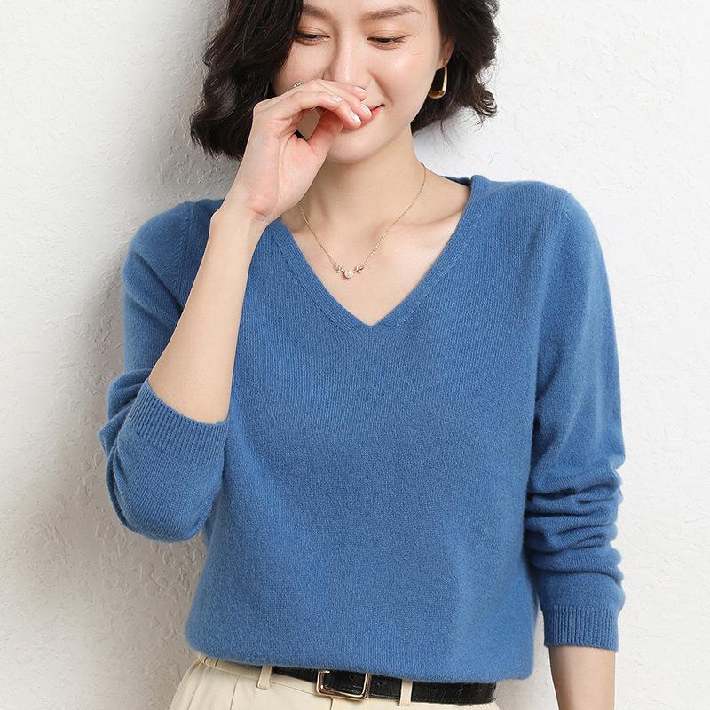 Women's V-Neck Knit Sweater Long Sleeve Loose Solid Color Pullover