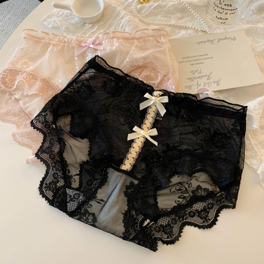Ladies Summer Sexy Lace Bow Soft Pure Net Yarn Pure Cotton File High Waist Briefs