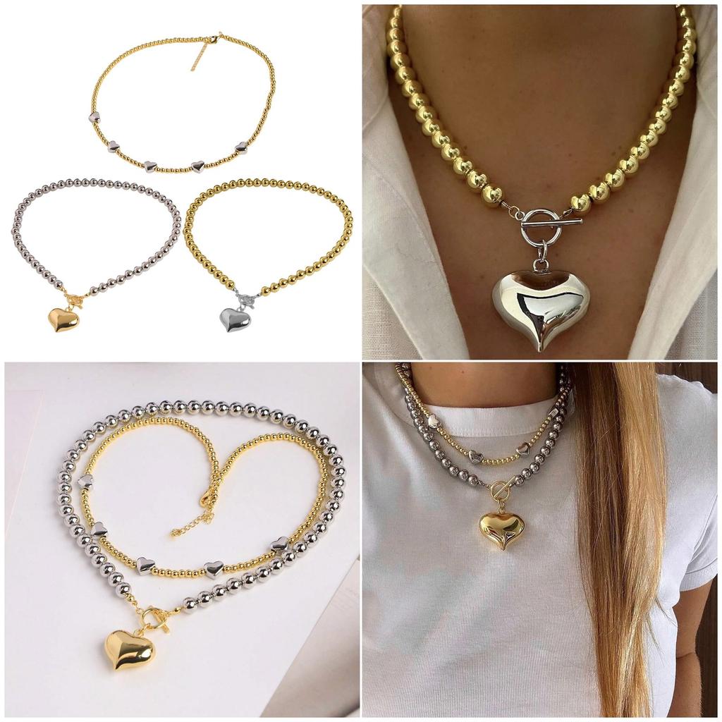 Auffällige übergroße Herz-Kugelkette, verstellbare Länge, Schlüsselbeinkette für Damen, Modeschmuck-Geschenk