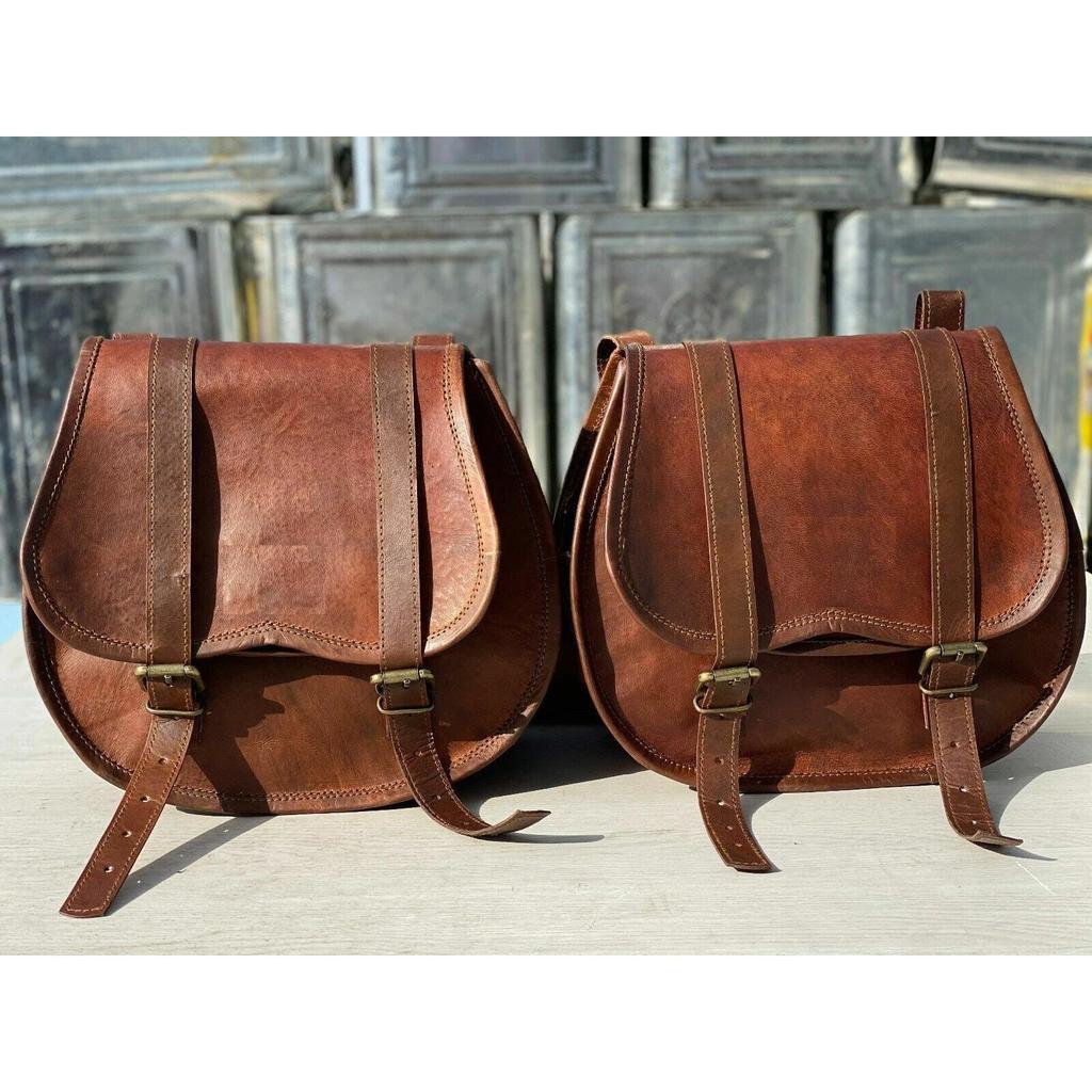 Combo Motorcycle Saddle 3 Side Bags Vintage Leather Swing Arm Luggage Tool Pouch