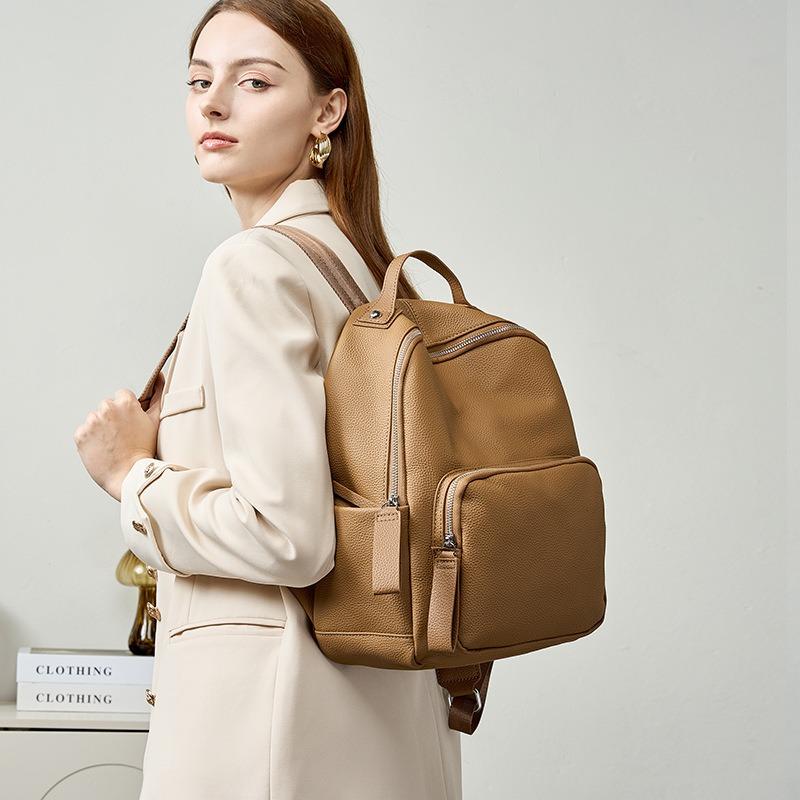 School bag, large-capacity student travel backpack, can hold computer travel, lightweight, high-end leather women's backpack.