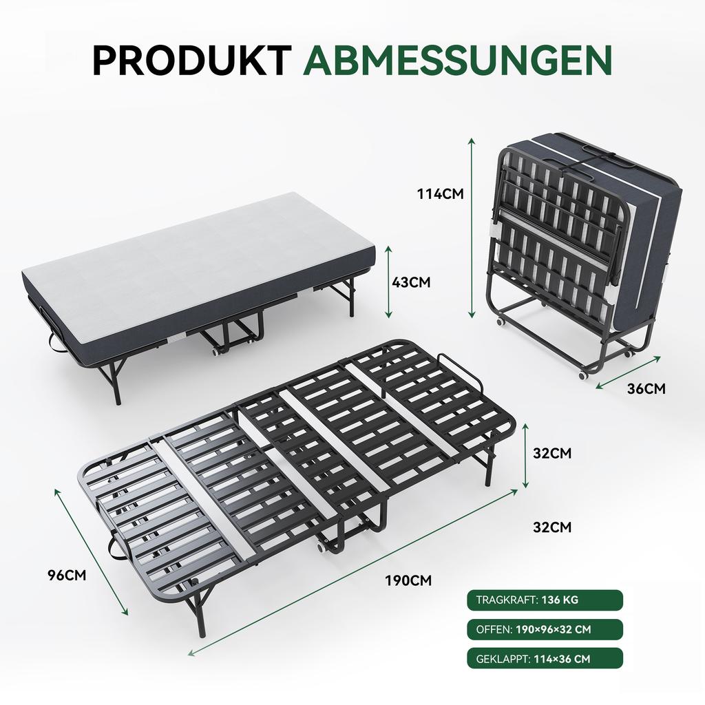 190 × 96 cm Klapp-Einzelbett mit 9,5 cm Memory-Schaumstoffmatratze, Tragbares Gästebett/Klappbett, Stabiler Metallrahmen