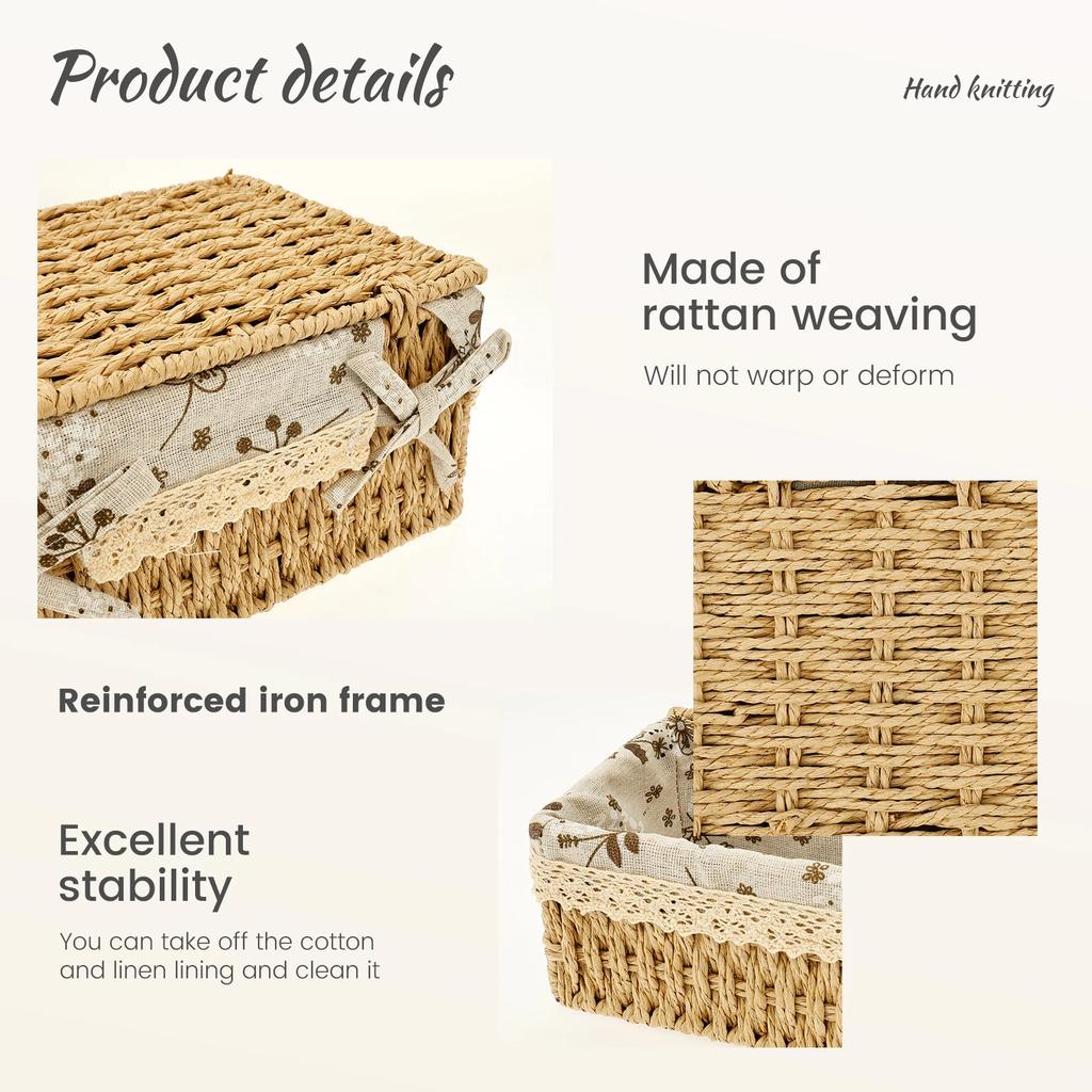 3Pcs Rattan Woven Storage Basket Stackable Food Towels Clothing Basket Cosmetic Rectangular Storage Box Home Kitchen Supplies
