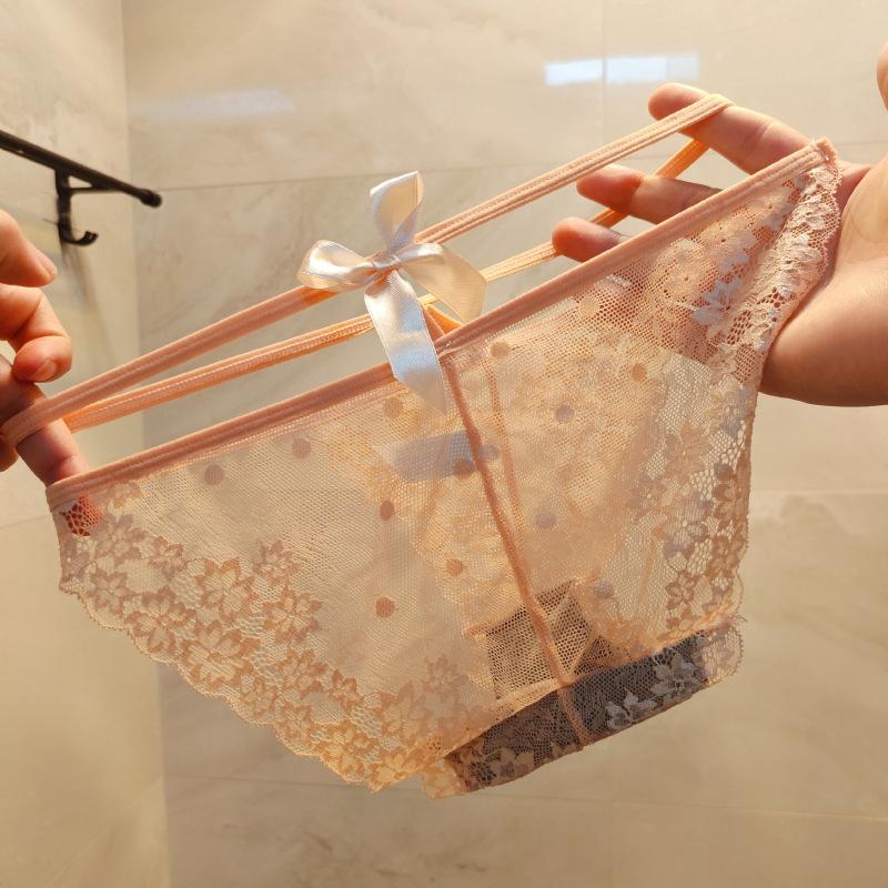 Women's Lace Transparent Sexy Underwear Bow Hollow Low Waist Cotton Crotch Triangle Pants