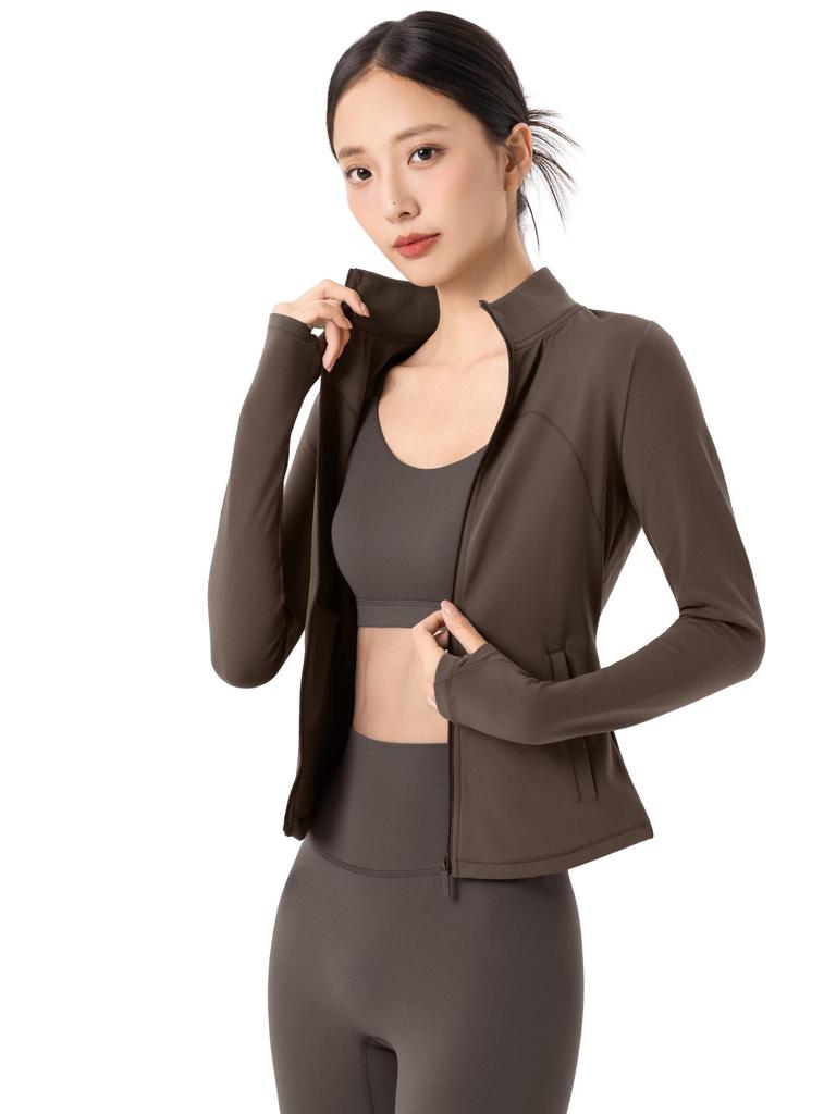 Fleece-Lined Women's Long Sleeve Yoga Jacket with Pockets - Slimming, Warm, and Ideal for Running