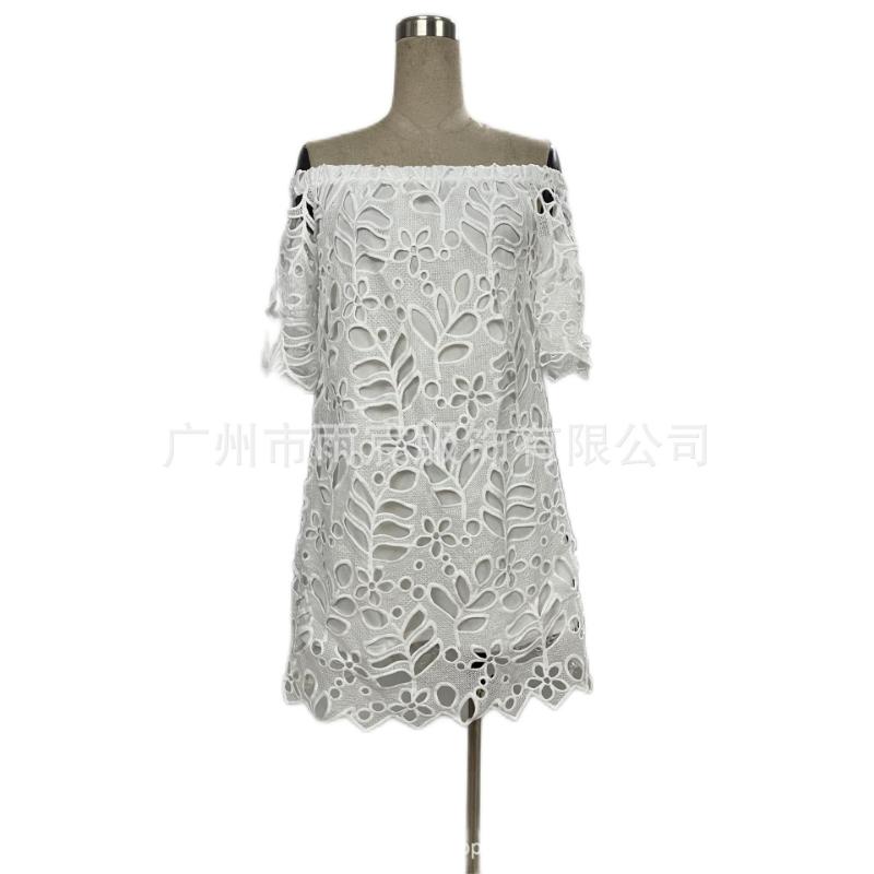 Mini Abito Estivo da Donna Scollo Bardot con Pizzo Floreale a Occhiolino Scollato Manica Corta Casual per Spiaggia Vacanza Festa