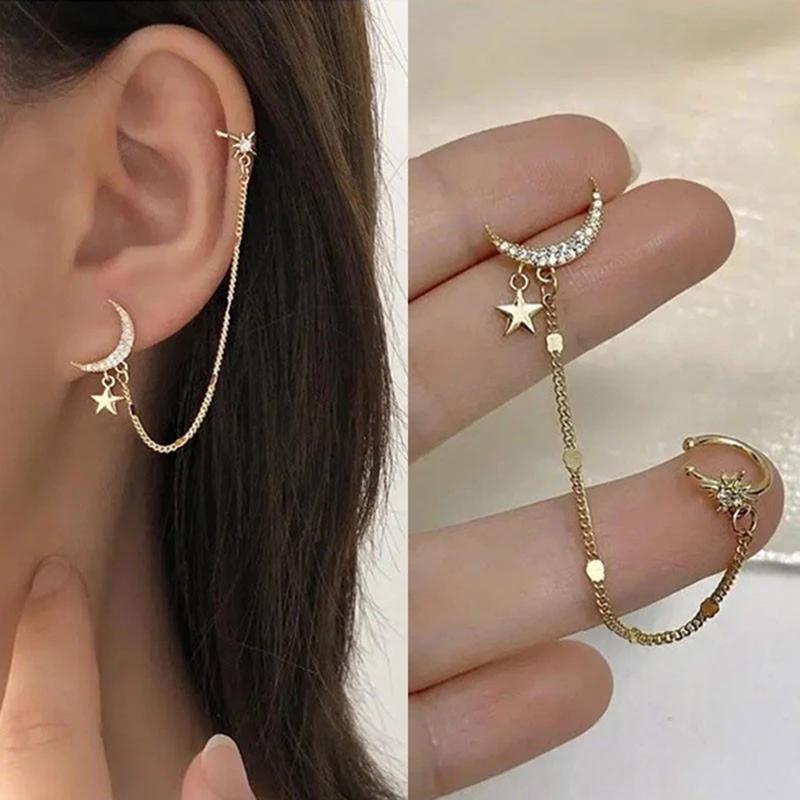Moon Star Ear Cuff Rhinestones Ear Cuff Tragus Earrings Non Piercing Earring Clip Ear Wrap Cuff No Pierced Jewelry Gift