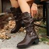 Fashion Black Chunky Heel Knight Boots Fashion and Versatile Soft Leather Mid-heel Mid-leg Boots