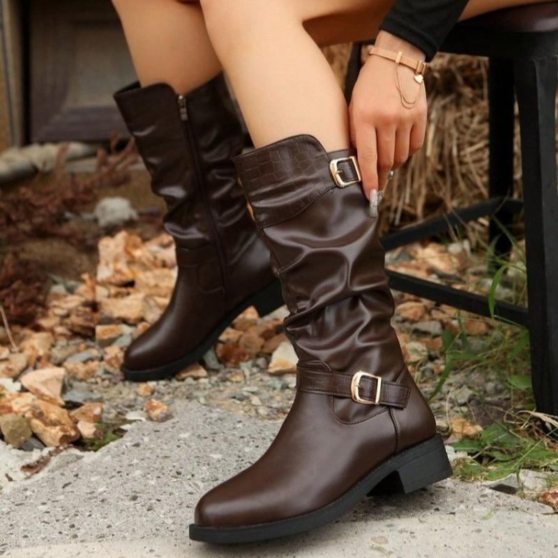 Fashion Black Chunky Heel Knight Boots Fashion and Versatile Soft Leather Mid-heel Mid-leg Boots