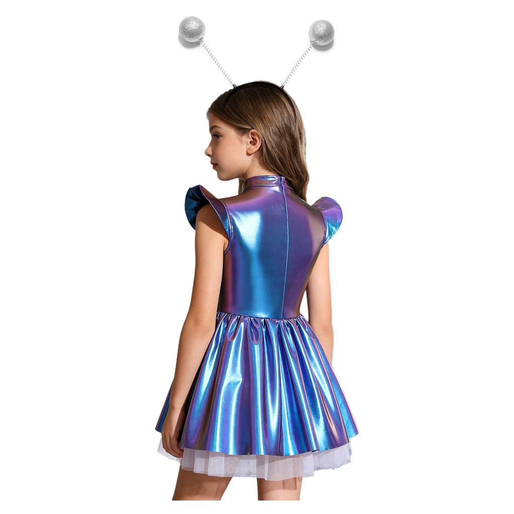 Girls Stage Performance Alien Costume Set: Glossy Mock Neck Dress with Ruffled Tutu & Flying Sleeves, Complete with Hair Hoop