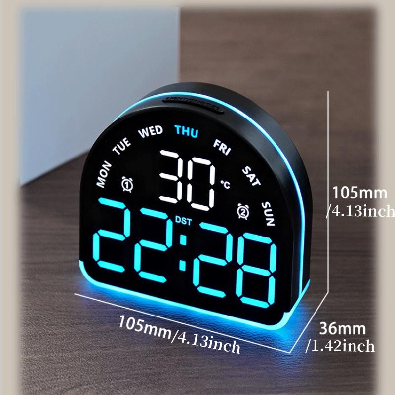 USB Powered Digital Alarm Clock with Mood Light TEMP Date Week 3-level Brightness Table Clock Auto Dimmable 12/24H LED Clock