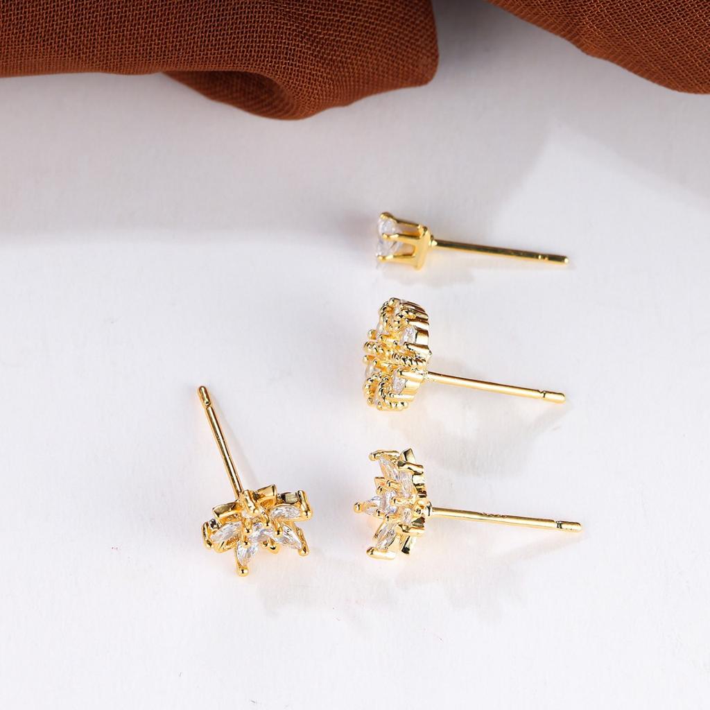 Diamond stud earrings three-piece set, flower triangular zircon earrings, versatile design combination earrings