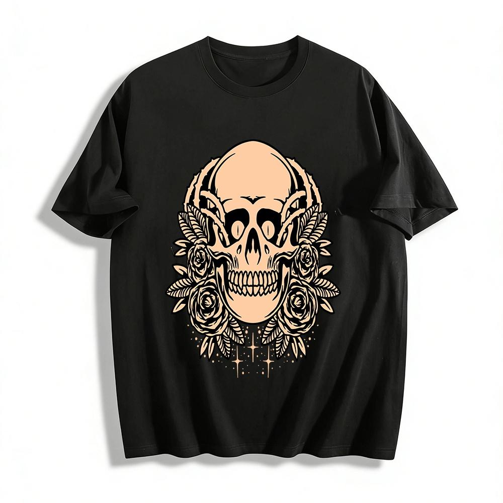 

Skull Rose Print Trendy Unisex Casual Crew Neck T-Shirt Pure cotton T-shirt XXS