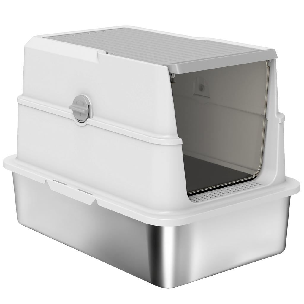 Stainless Steel Large Cat Litter Box with Flip Lid, Scoop, and Deodorizer, Light Grey