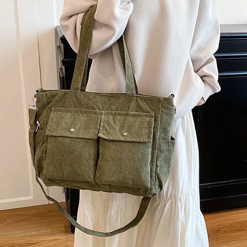 Elegant Corduroy Tote Bag Large Capacity Casual Underarm Bag Multi-pocket Shoulder Bag  Holiday