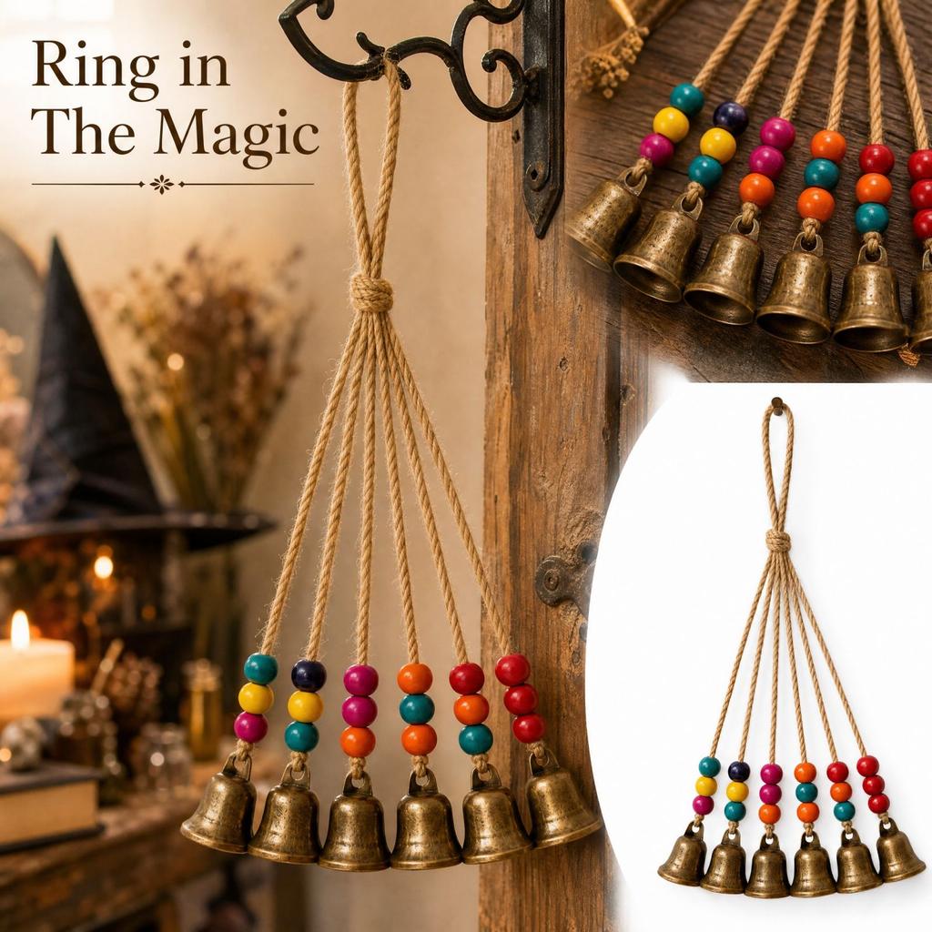 Jute Rope Witch Bells Halloween Hanging Decoration with 8 Coffee Beads and 8 Bells
