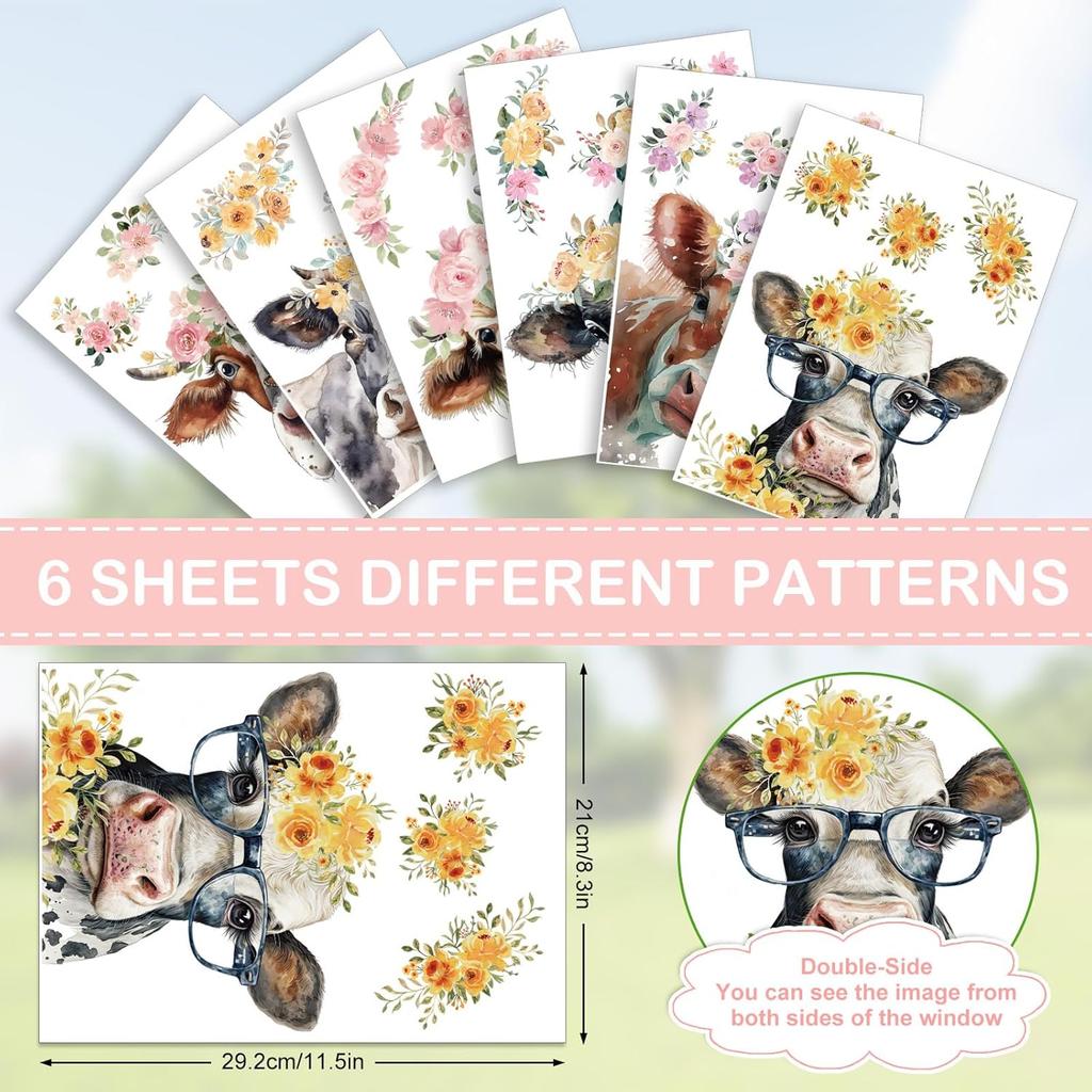 Floral Cow Window Clings Cute Cow Window Stickers Double-Side Glass Decals for Party Home School Office Decor, 11.5 X 8.3 Inch, 6 Sheet