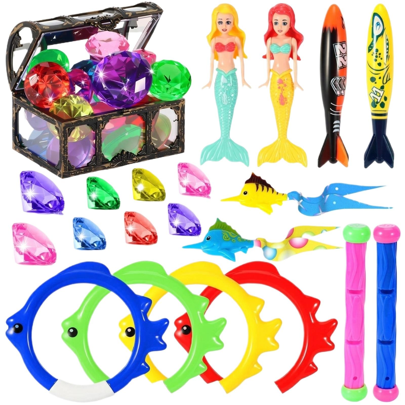 

Underwater Diving Toys Set for Pool and Bath Includes Treasure Chest with Gemstones Interactive Sinking Toys for Water Play One Size