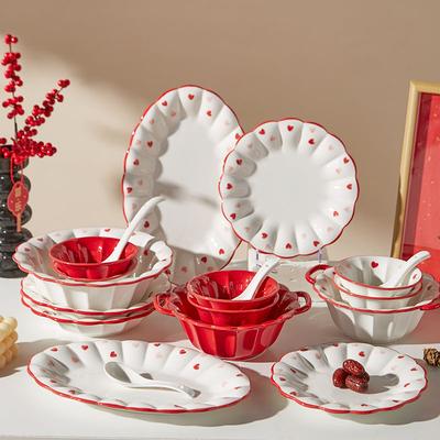 Love Color Glaze Ceramic Bowl Set, Wedding Housewarming Festive Tableware, High Value Household Plates, Rice Bowls, Large Soup Bowls