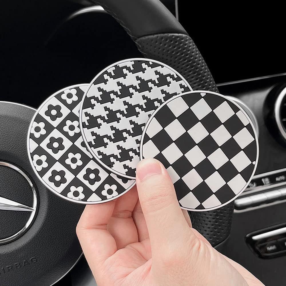 Car Coasters for Cup Holder Silicone, Car Cup Holder Coasters Pack of 2, Fashion Black White Checkerboard Gird