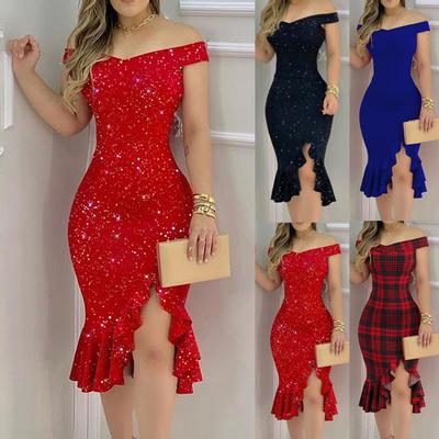 Women Sexy Off Shoulder Split Ruffle Solid Color Plaid Bodycon Knee-length Dress