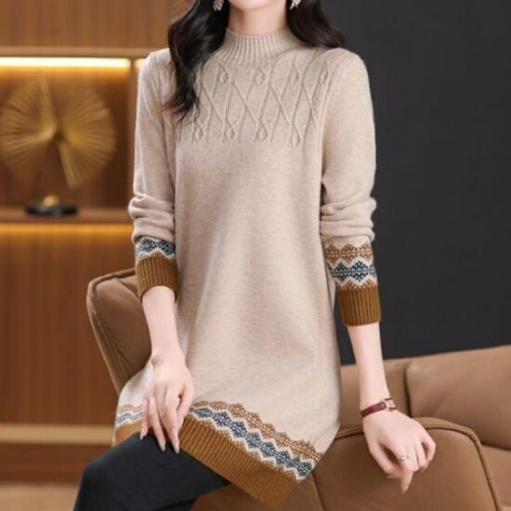 Navava Women Retro Pattern Loose Fit Mock Neck Knit Top Nk2771