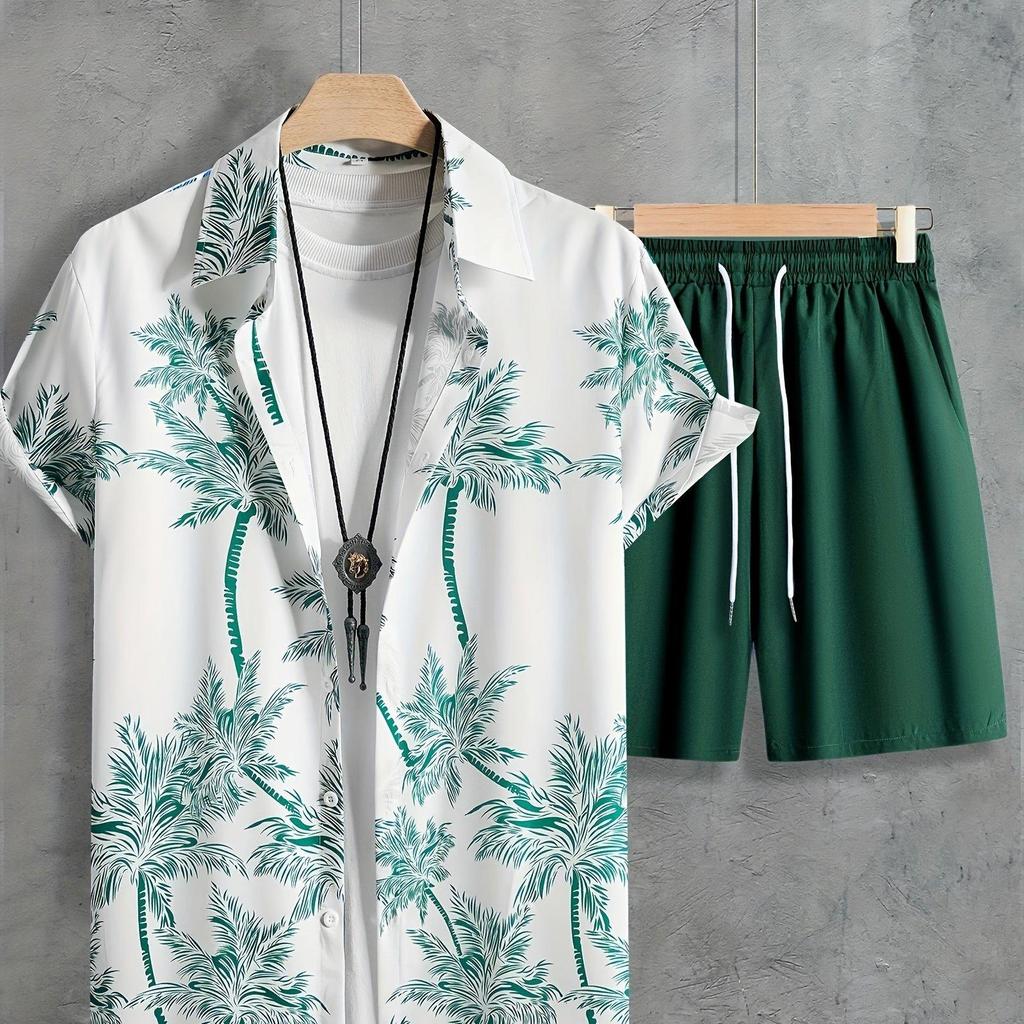 Coconut Tree Print Men's Short-sleeved Shirt And Beach Shorts Set Summer Everyday Men's Casual Shirt And Beach Pants